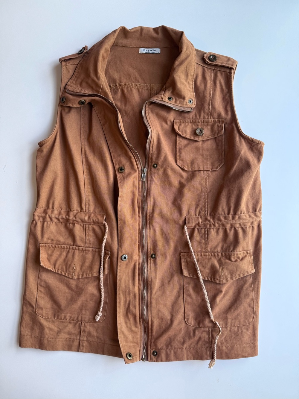 Womens Tan Camel Utility Cargo Vest Military Safari Multi Pocket Size Large